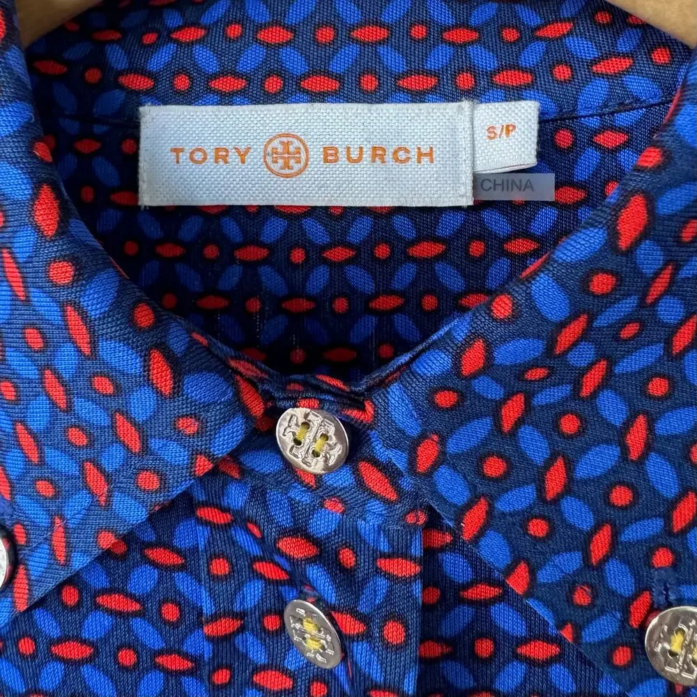 Tory Burch Silk Blend Utility Shirt Cobalt Blue Geometric Epaulets Gold Logo S